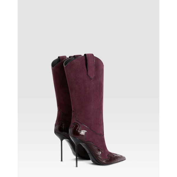 Paris Texas Lidia 105 Queen of Hearts Boots in Rouge Noir Suede and Croc-Embossed Leather | Boots | Coveti