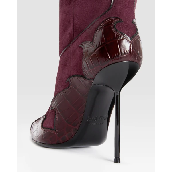 Paris Texas Lidia 105 Queen of Hearts Boots in Rouge Noir Suede and Croc-Embossed Leather | Boots | Coveti
