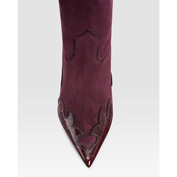 Paris Texas Lidia 105 Queen of Hearts Boots in Rouge Noir Suede and Croc-Embossed Leather | Boots | Coveti