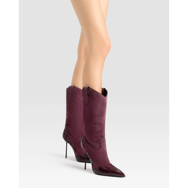 Paris Texas Lidia 105 Queen of Hearts Boots in Rouge Noir Suede and Croc-Embossed Leather | Boots | Coveti
