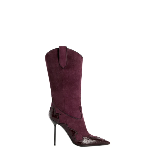 Paris Texas Lidia 105 Queen of Hearts Boots in Rouge Noir Suede and Croc-Embossed Leather | Coveti