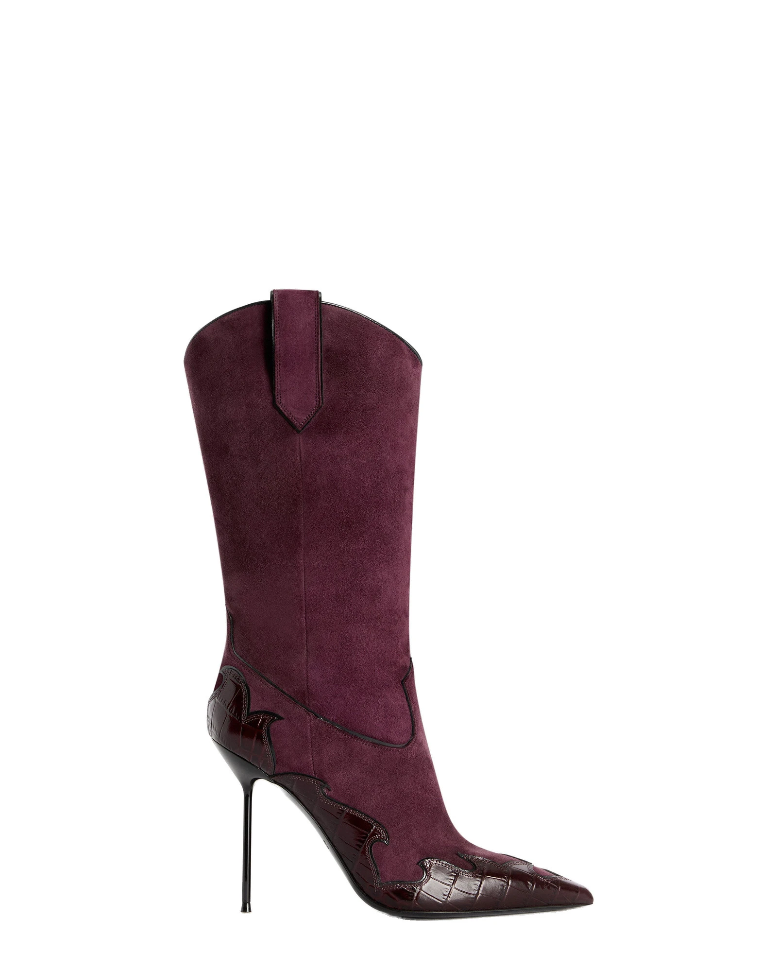 Paris Texas Lidia 105 Queen of Hearts Boots in Rouge Noir Suede and Croc-Embossed Leather Paris Texas Lidia 105 Queen of Hearts Boots in Rouge Noir Suede and Croc-Embossed Leather | Coveti