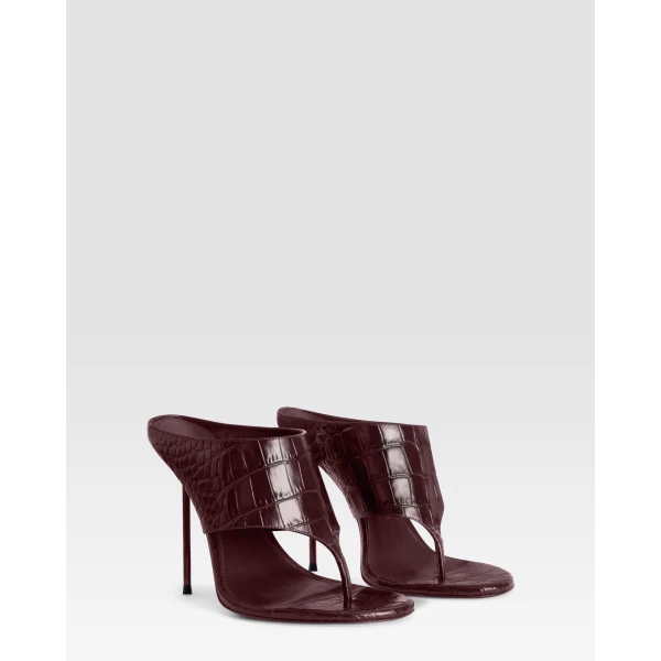 Paris Texas Lidia 105 Thong Mules in Rouge Noir Croc-Embossed Leather | Mules | Coveti