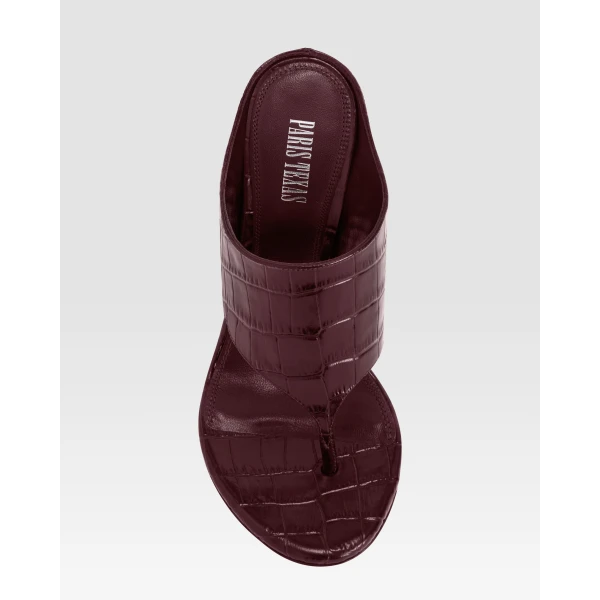 Paris Texas Lidia 105 Thong Mules in Rouge Noir Croc-Embossed Leather | Mules | Coveti