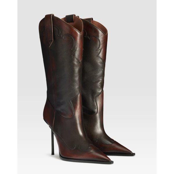 Paris Texas Lidia 105 Western Embroidered Boots in Rouge Noir Vintage-Effect Leather | Boots | Coveti