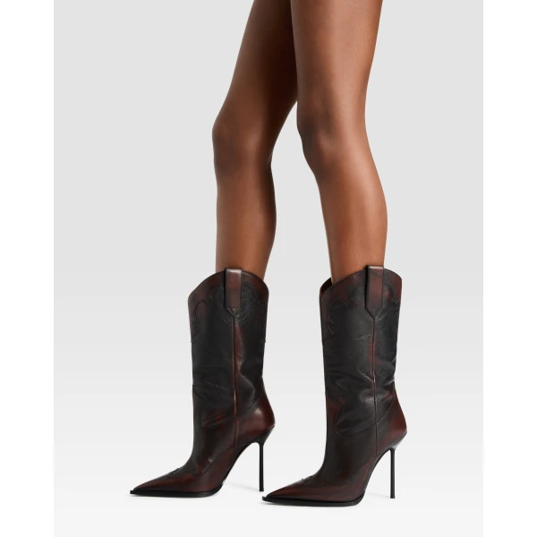 Paris Texas Lidia 105 Western Embroidered Boots in Rouge Noir Vintage-Effect Leather | Boots | Coveti
