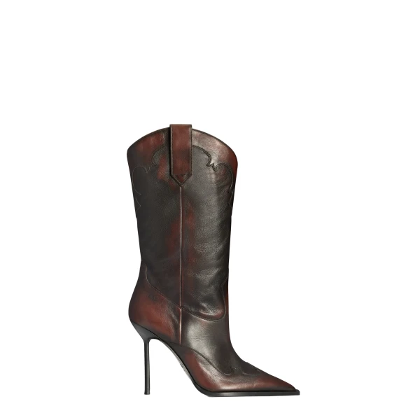 Lidia 105 Western Embroidered Boots in Rouge Noir Vintage-Effect Leather