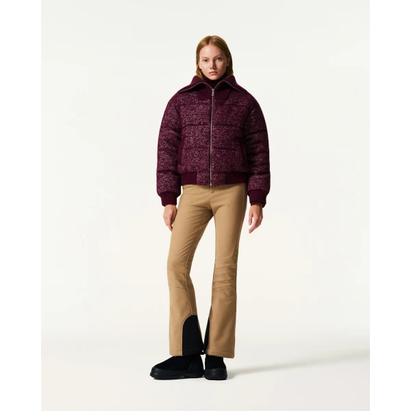 Perfect Moment Boucle Wool Bomber Down Jacket in Burgundy, view 2 | Jackets | Coveti