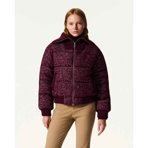 Perfect Moment Boucle Wool Bomber Down Jacket in Burgundy, view 3 | Jackets | Coveti