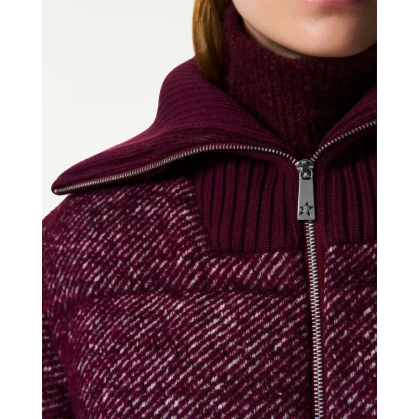 Perfect Moment Boucle Wool Bomber Down Jacket in Burgundy, view 5 | Jackets | Coveti