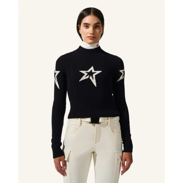 Perfect Moment Cable Merino Wool Sweater in Navy, view 3 | Sweaters | Coveti