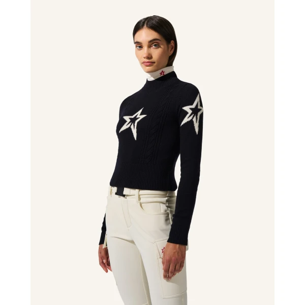 Perfect Moment Cable Merino Wool Sweater in Navy, view 4 | Sweaters | Coveti