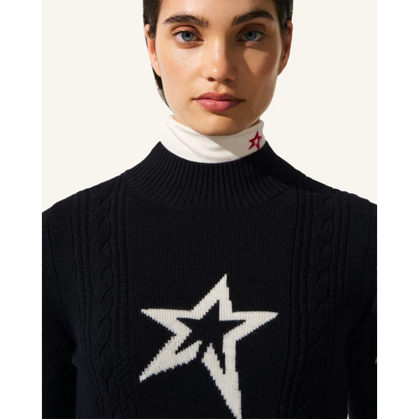 Perfect Moment Cable Merino Wool Sweater in Navy, view 6 | Sweaters | Coveti