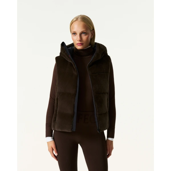 Perfect Moment Celia Faux Fur Down Gilet in Brown, view 3 | Vests | Coveti