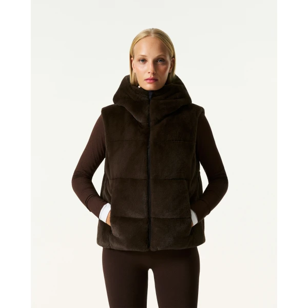 Perfect Moment Celia Faux Fur Down Gilet in Brown, view 4 | Vests | Coveti