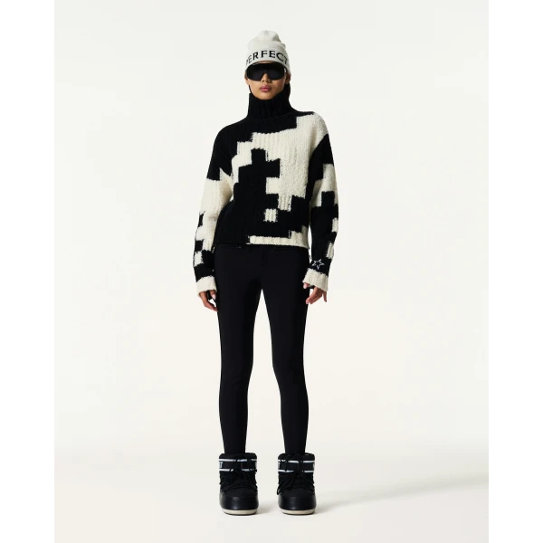 Perfect Moment Chunky Wool Cropped Sweater in Black and Snow White Houndstooth, view 2 | Sweaters | Coveti