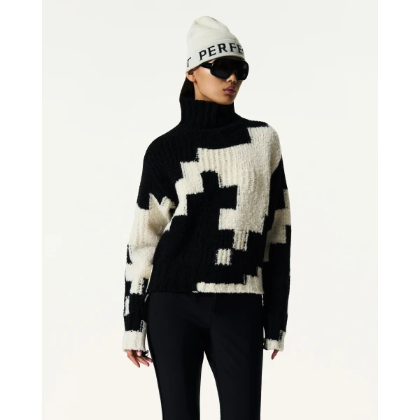 Perfect Moment Chunky Wool Cropped Sweater in Black and Snow White Houndstooth, view 3 | Sweaters | Coveti