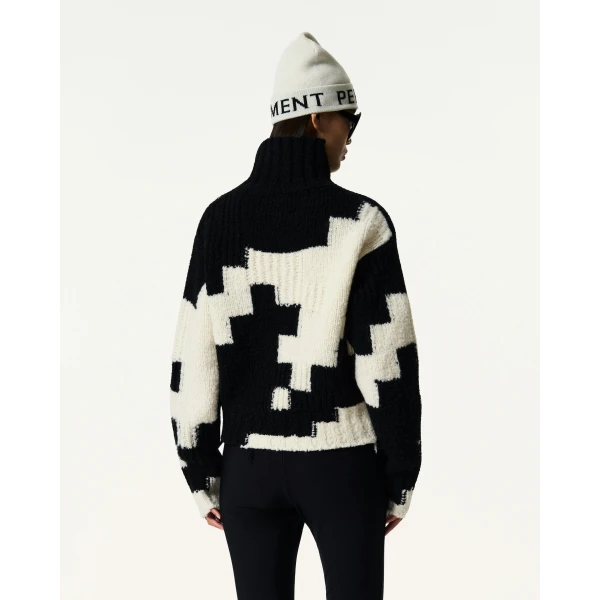 Perfect Moment Chunky Wool Cropped Sweater in Black and Snow White Houndstooth, view 4 | Sweaters | Coveti