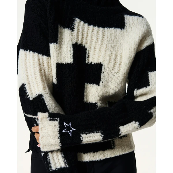 Perfect Moment Chunky Wool Cropped Sweater in Black and Snow White Houndstooth, view 5 | Sweaters | Coveti