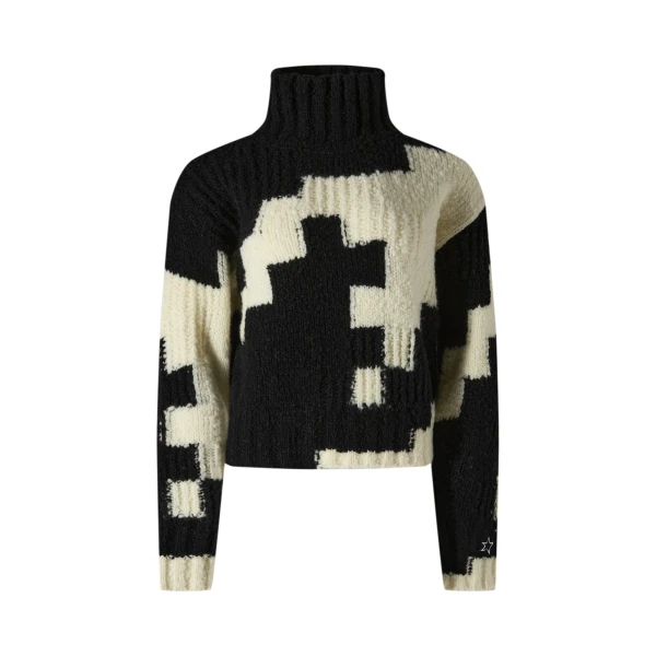 Perfect Moment Chunky Wool Cropped Sweater in Black and Snow White Houndstooth | Sweaters | Coveti