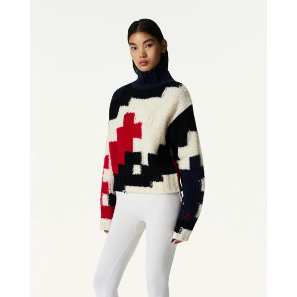 Perfect Moment Chunky Wool Cropped Sweater in Houndstooth, view 3 | Sweaters | Coveti