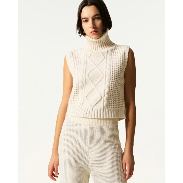 Perfect Moment Crystal Merino Wool Sleeveless Tank Sweater in Cream, view 3 | Sweaters | Coveti