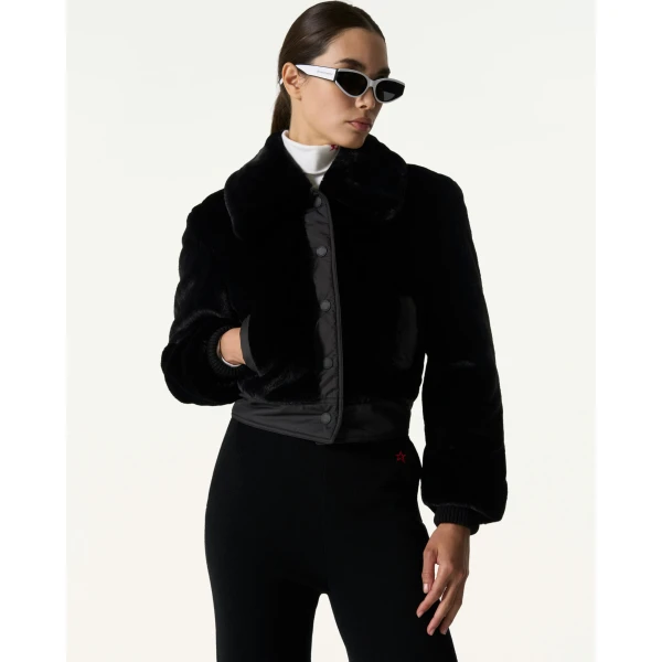 Perfect Moment Giorgia Faux Fur Cropped Jacket in Black, view 3 | Jackets | Coveti