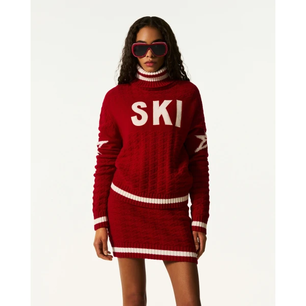 Perfect Moment Glacier Merino Wool Turtleneck Sweater in Red, view 3 | Turtlenecks | Coveti