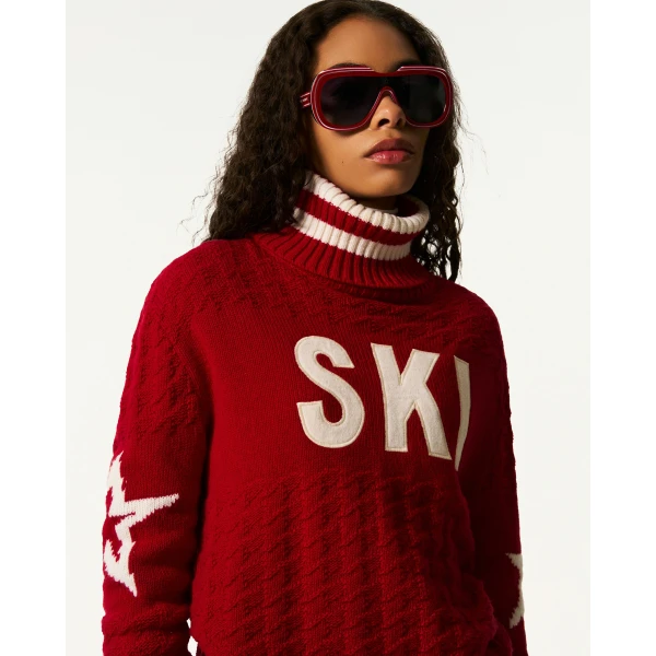 Perfect Moment Glacier Merino Wool Turtleneck Sweater in Red, view 4 | Turtlenecks | Coveti