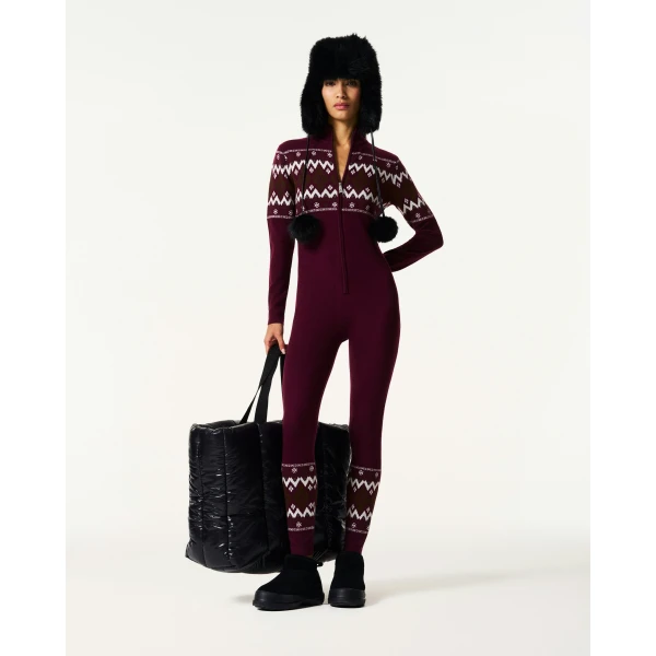Perfect Moment Intarsia-Knit Merino Wool Jumpsuit in Burgundy, view 2 | Jumpsuit | Coveti