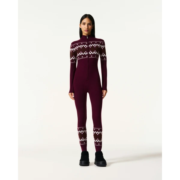 Perfect Moment Intarsia-Knit Merino Wool Jumpsuit in Burgundy, view 3 | Jumpsuit | Coveti