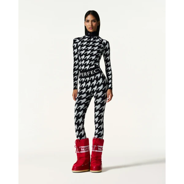 Perfect Moment Jacquard Base Layer Legging in Black and White Houndstooth, view 2 | Leggings | Coveti