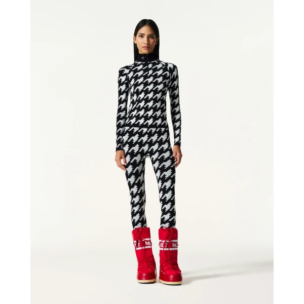 Perfect Moment Jacquard Base Layer Top in Black and White Houndstooth, view 2 | Long Sleeve | Coveti