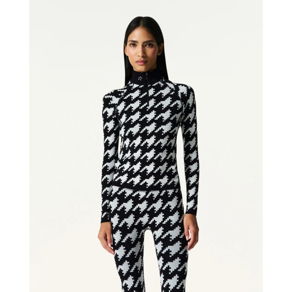 Perfect Moment Jacquard Base Layer Top in Black and White Houndstooth, view 3 | Long Sleeve | Coveti