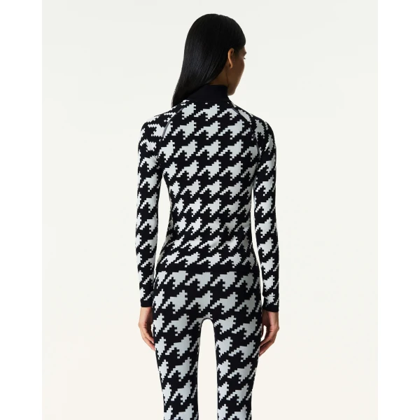 Perfect Moment Jacquard Base Layer Top in Black and White Houndstooth, view 4 | Long Sleeve | Coveti