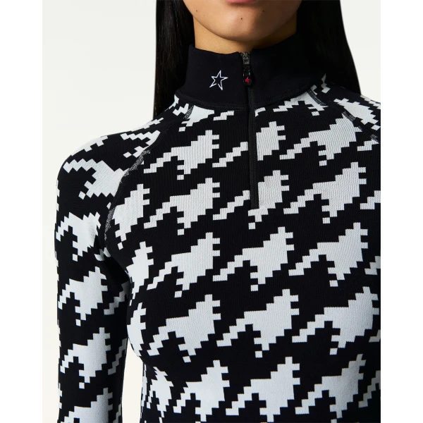 Perfect Moment Jacquard Base Layer Top in Black and White Houndstooth, view 5 | Long Sleeve | Coveti