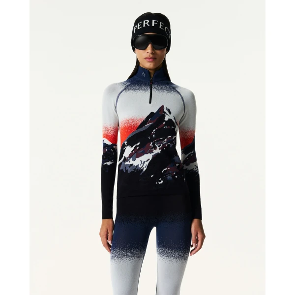 Perfect Moment Jacquard Base Layer Top in Navy & White, view 3 | Long Sleeve | Coveti