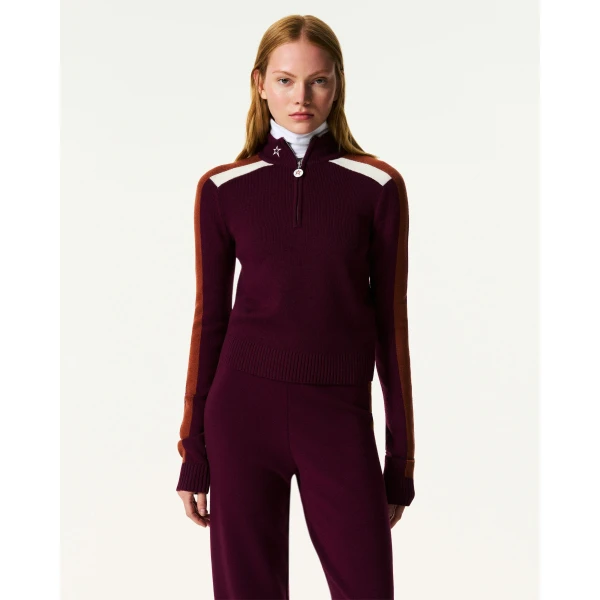 Perfect Moment LA Tour Merino Wool 1/4 Zip Sweater in Wine, view 3 | Sweaters | Coveti