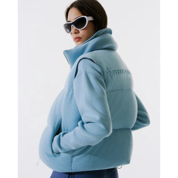 Perfect Moment Merino Wool & Cashmere Down Gilet in Cloud Blue, view 4 | Vests | Coveti