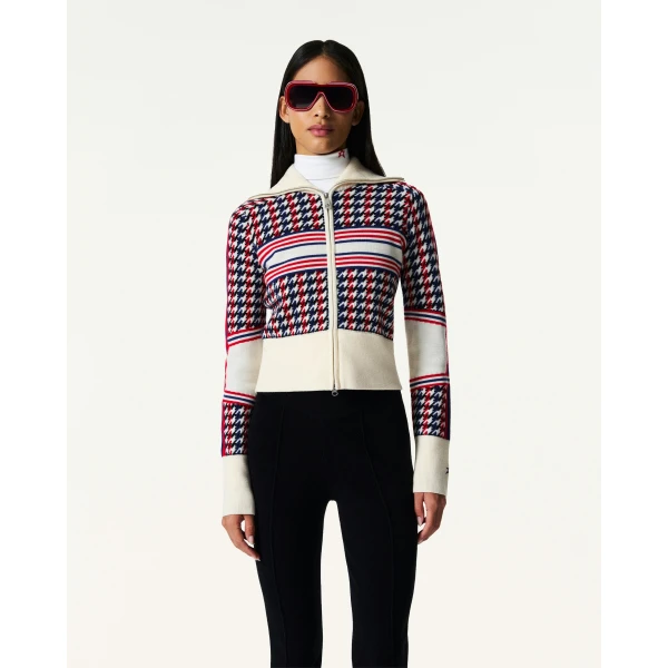 Perfect Moment Merino Wool Houndstooth Cardigan in Houndstooth, view 3 | Cardigan | Coveti