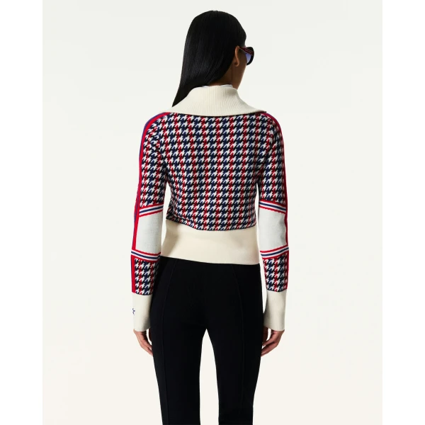 Perfect Moment Merino Wool Houndstooth Cardigan in Houndstooth, view 4 | Cardigan | Coveti