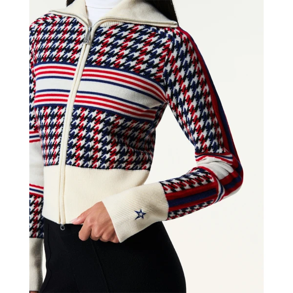 Perfect Moment Merino Wool Houndstooth Cardigan in Houndstooth, view 5 | Cardigan | Coveti