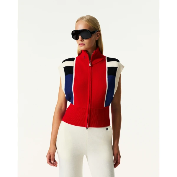 Perfect Moment Merino Wool Racer Gilet in Red, view 3 | Vests | Coveti