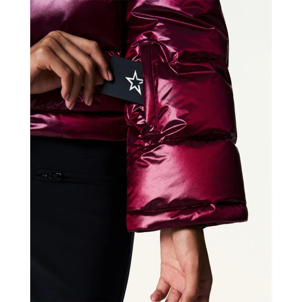 Perfect Moment Metallic Polar Flare Down Jacket in Wine, view 5 | Jackets | Coveti