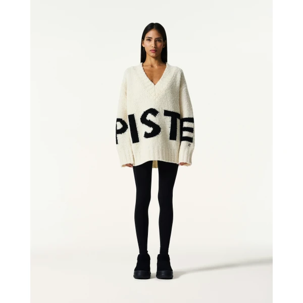 Perfect Moment Oversized Wool V-Neck Piste Sweater in Snow White, view 2 | Sweaters | Coveti