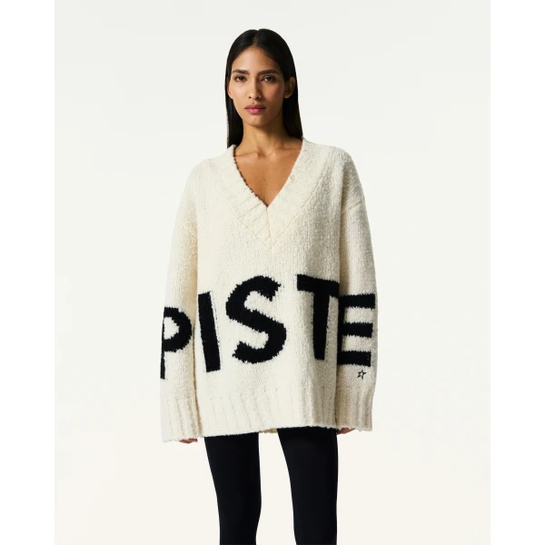 Perfect Moment Oversized Wool V-Neck Piste Sweater in Snow White, view 3 | Sweaters | Coveti