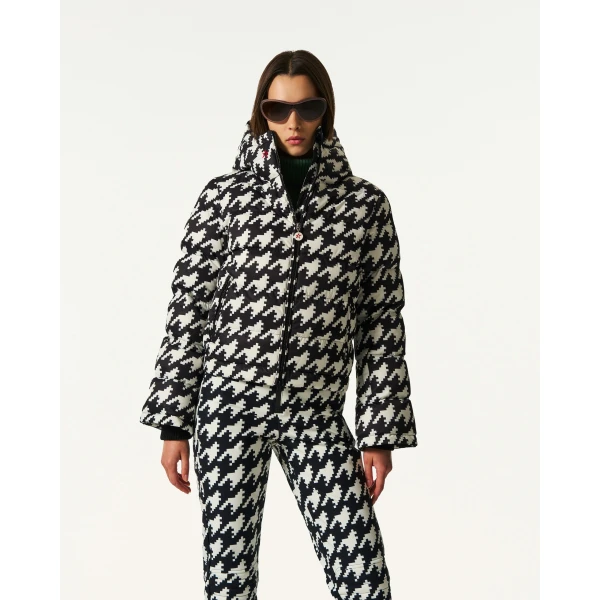 Perfect Moment Polar Flare Down Jacket in Black and Snow White Houndstooth, view 2 | Jackets | Coveti
