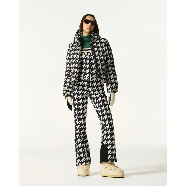 Perfect Moment Polar Flare Down Jacket in Black and Snow White Houndstooth, view 3 | Jackets | Coveti