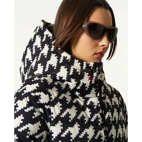Perfect Moment Polar Flare Down Jacket in Black and Snow White Houndstooth, view 4 | Jackets | Coveti