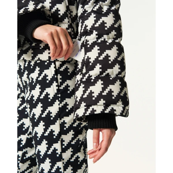 Perfect Moment Polar Flare Down Jacket in Black and Snow White Houndstooth, view 5 | Jackets | Coveti